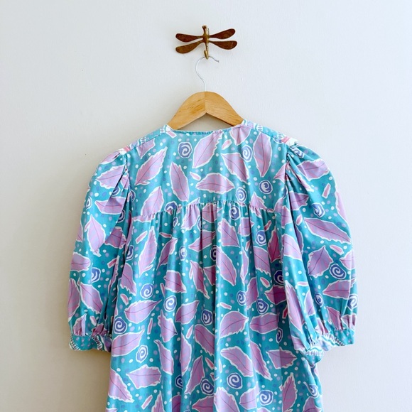 Vintage Pastel Blue & Purple Leaf Print Midi Dress - Picture 6 of 7